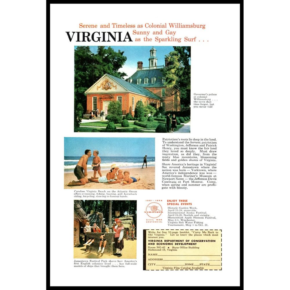 1962 Virginia Sunny And Gay Vintage Print Ad Colonial Williamsburg Beach Decor